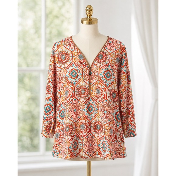Belle by Kim Gravel Tops - Belle By Kim Gravel TripleLuxe Knit Signature Zip Printed Top Pima Orange Large